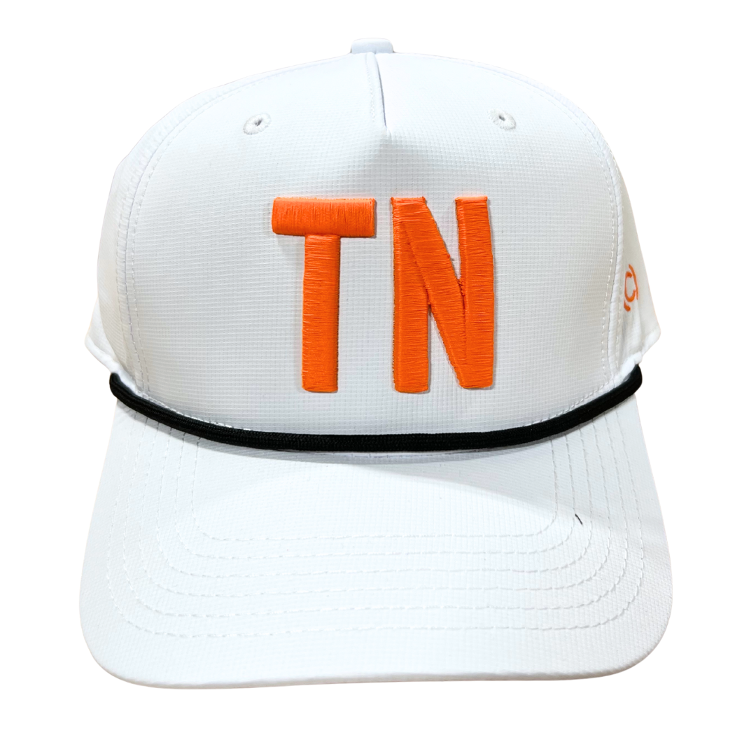 White trucker hat, with adjustable snapback. 