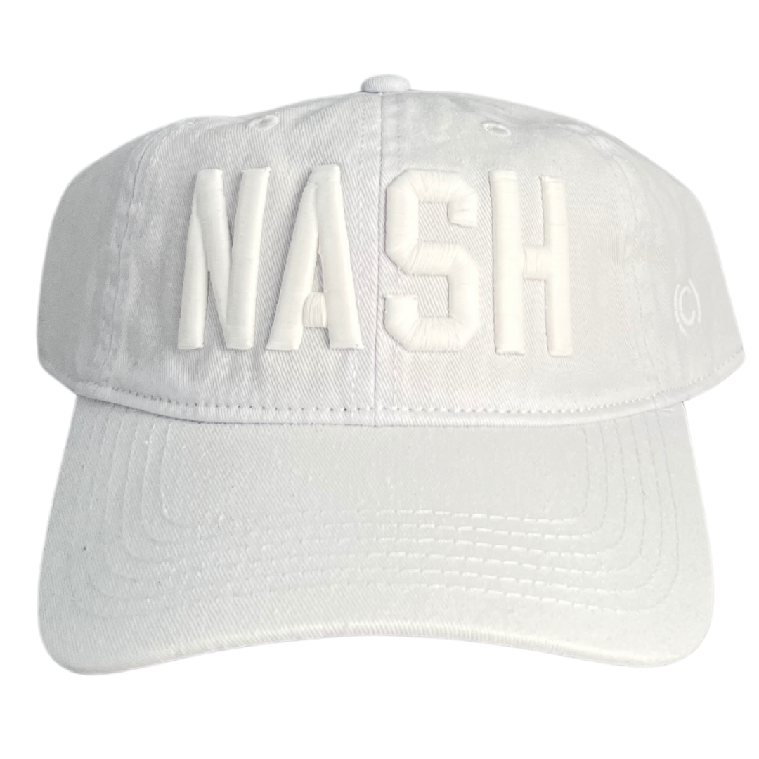 White cotton hat with "NASH" embroidered in white.