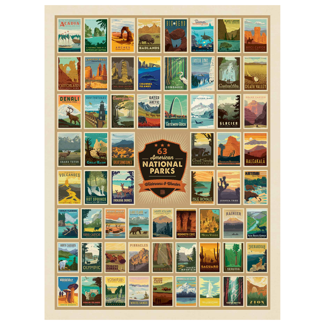 500 piece puzzle of the 63 US national parks posters. 