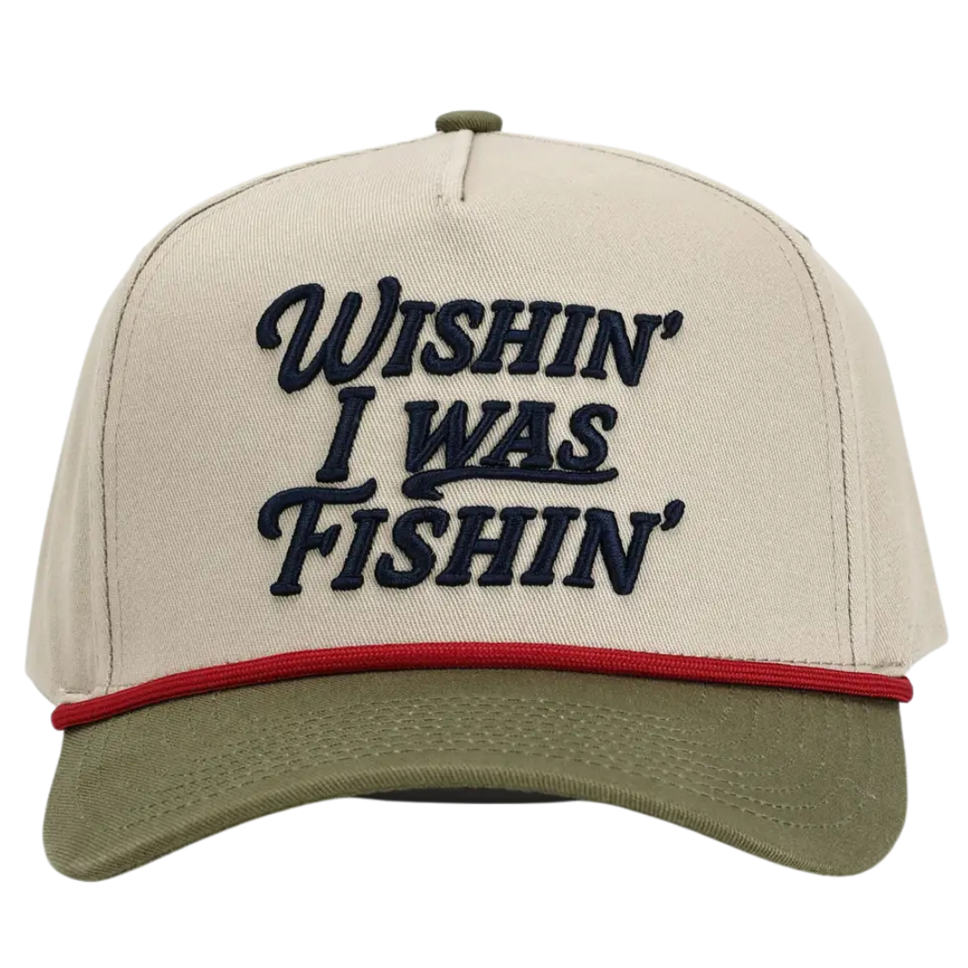 Tan and olive with red rope detailing, trucker style hat, cotton.