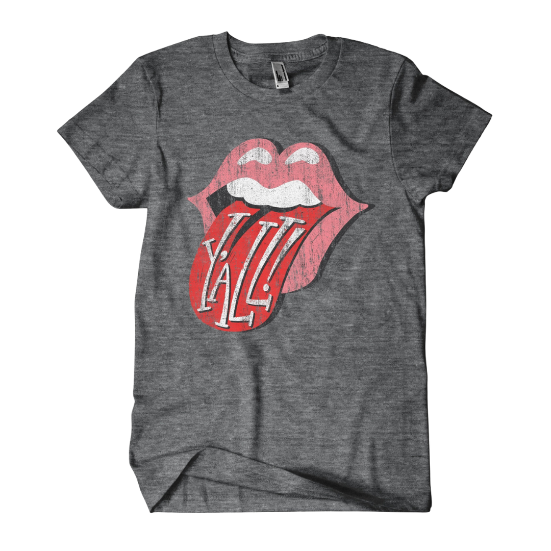 Heathered grey shirt says, "Y'all!" with  rocker tongue.