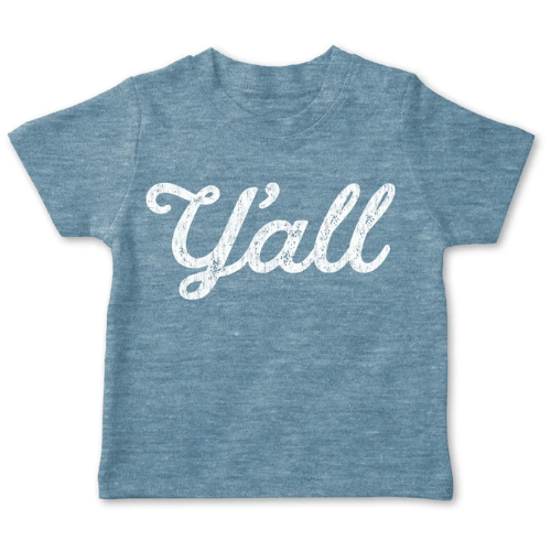 Ocean blue toddler shirt says, "Y'all" screen-printed in white script. 
