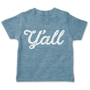 Ocean blue toddler shirt says, "Y'all" screen-printed in white script. 