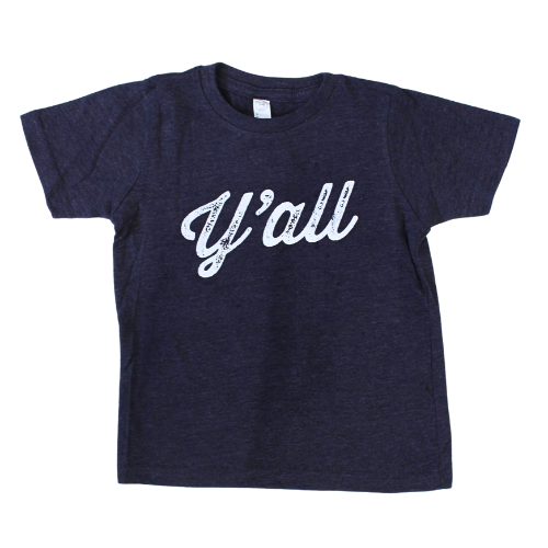 Navy toddler shirt says, "Y'all" screen-printed in white script. 