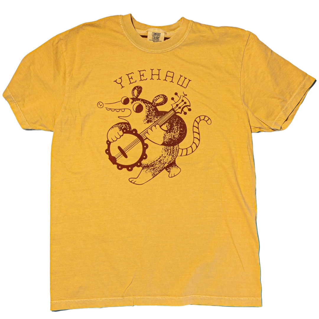 Mustard yellow Yeehaw Banjo Possum Shirt.