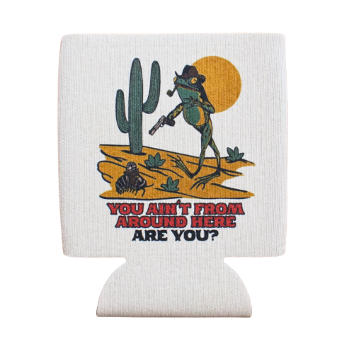 Nothing more south than a frog conducting cowboy duties. Keep your drink cold with this can hugger from Cluster Funk Studio.