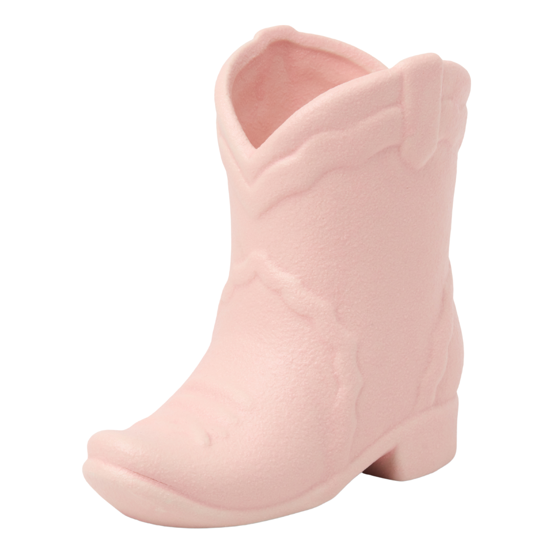 6 oz Pink cowgirl candle in a ceramic boot.