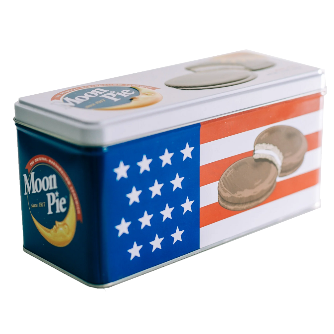 12 mini chocolate moonpies in rectangle tin with American Flag design. 