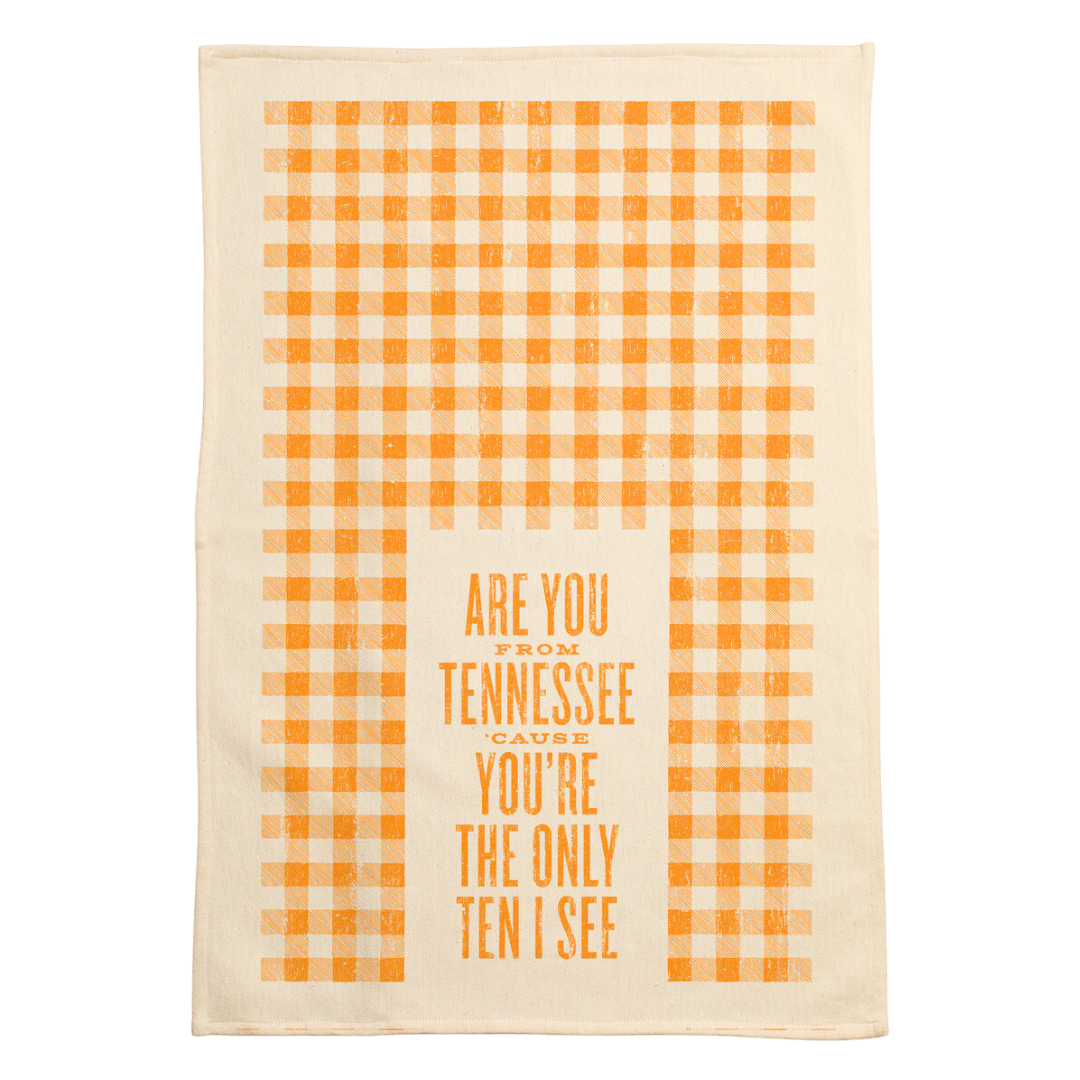 screen printed on cotton kitchen towel in orange, "are you from tennessee" 