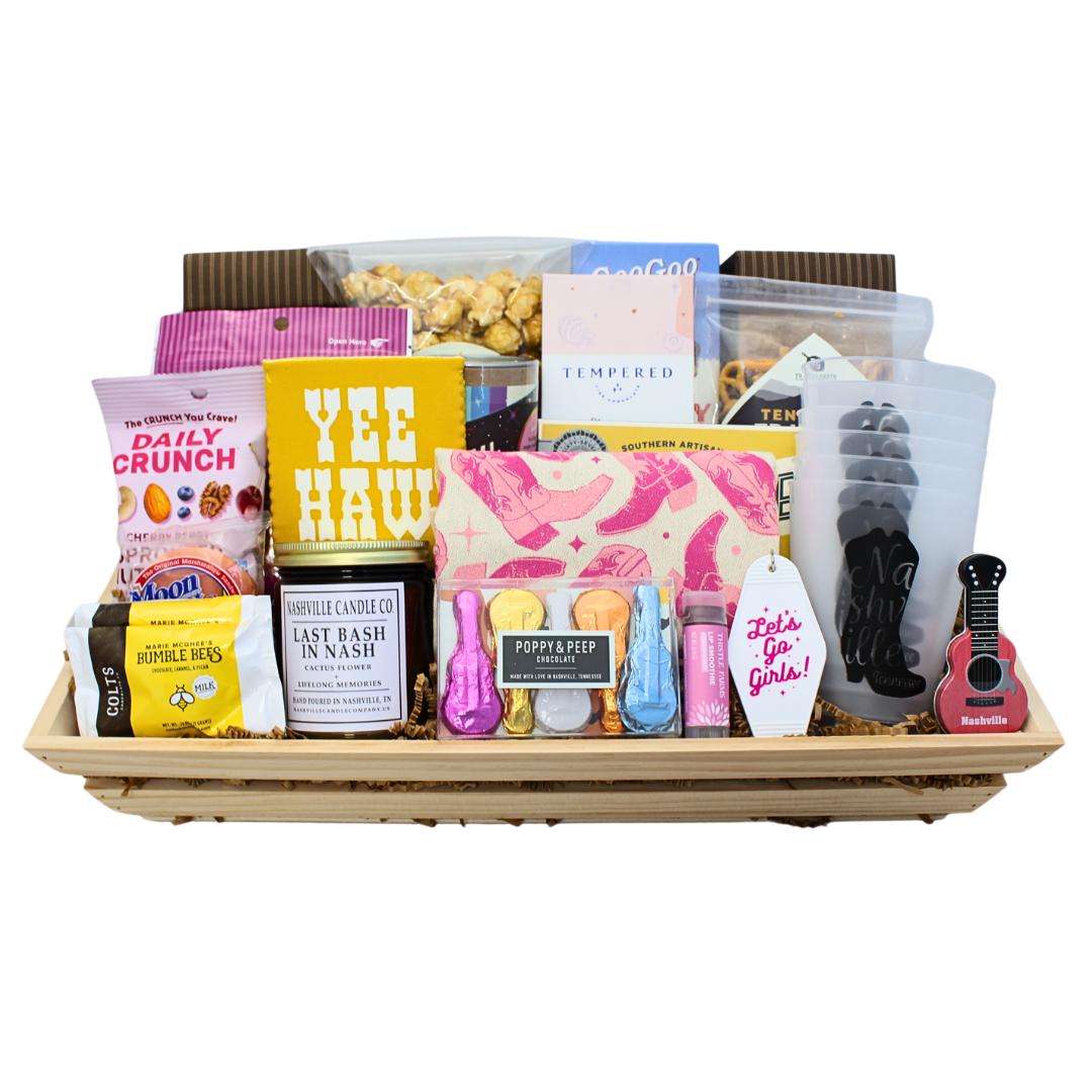 collection of nashville snacks and chocolates and souvenirs.