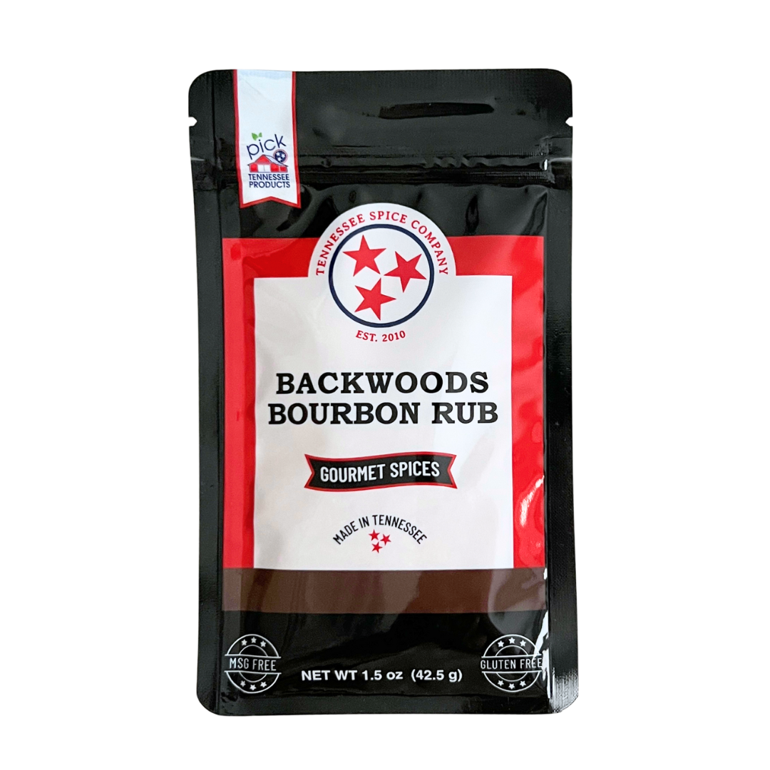 Red and black packet with 1.5 oz of Backwoods Bourbon Rub, made in Tennessee. 
