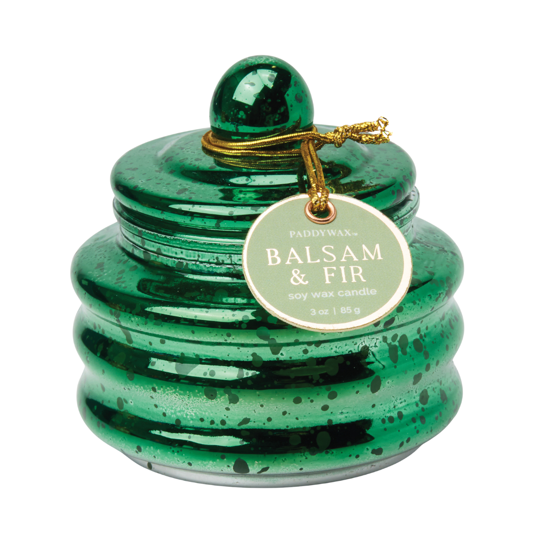 3oz Balsam and Fir Green soy wax candle in reusable glass vessel. 