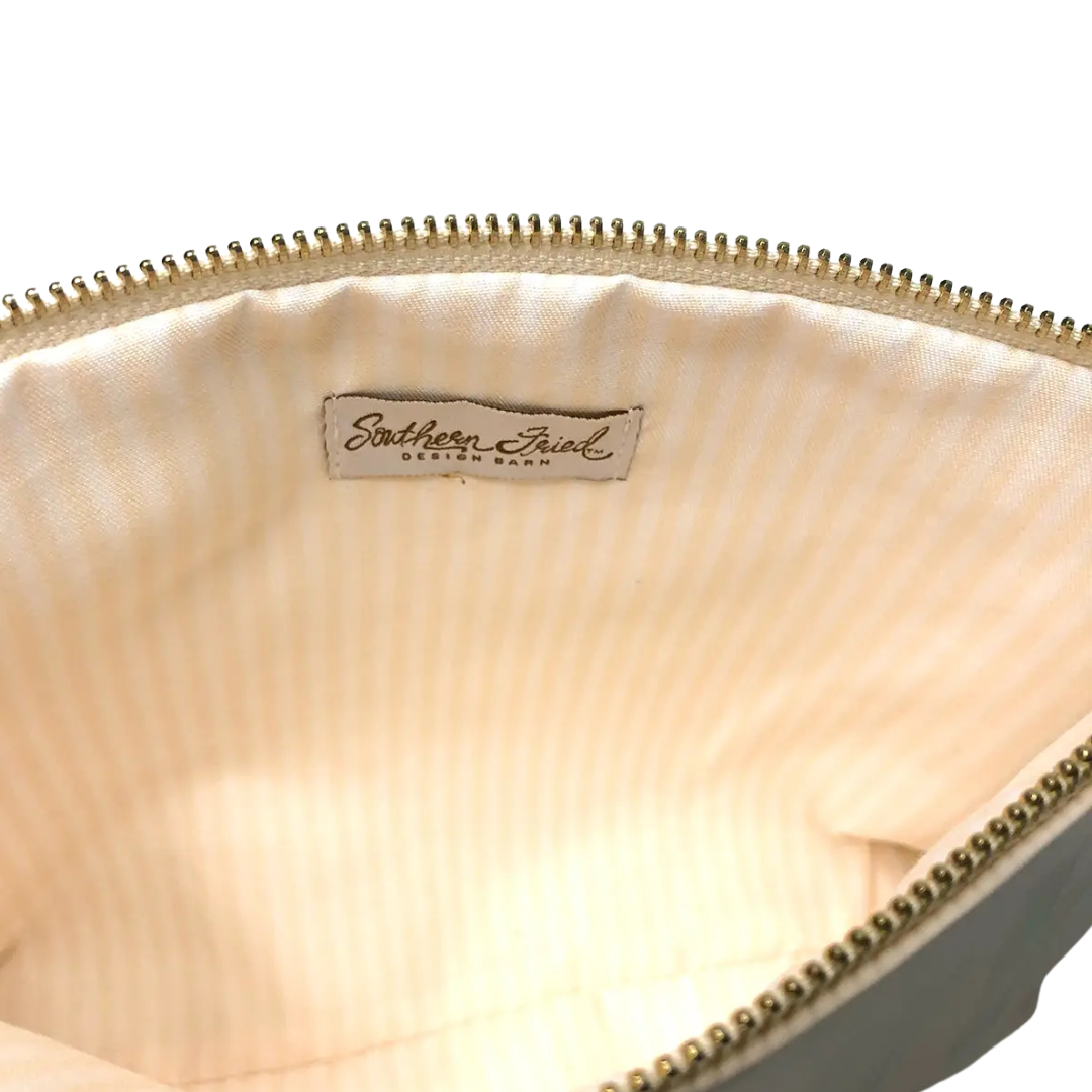 beige faux leather catch all pouch, lined with zipper