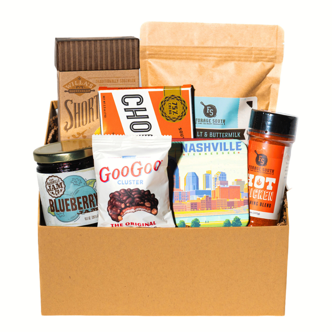 gift box of nashville favorite snacks, seasoning, biscuit mix, and jam. 