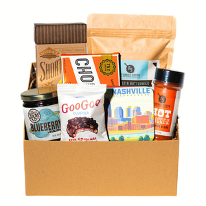 gift box of nashville favorite snacks, seasoning, biscuit mix, and jam. 