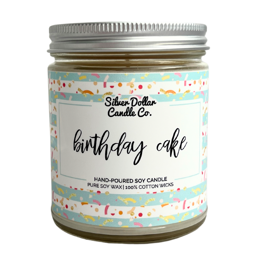 Birthday Cake candle made by Silver Dollar Candle Company. Hand-poured soy wax candle with 100% cotton wicks. Made in Knoxville, Tennessee.