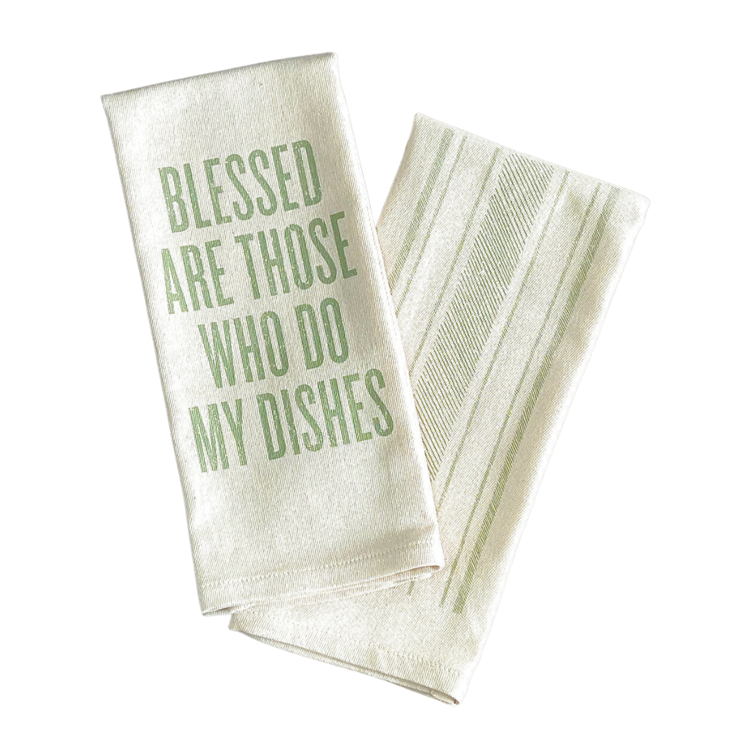 funny saying screen printed on cotton kitchen towel in green.
