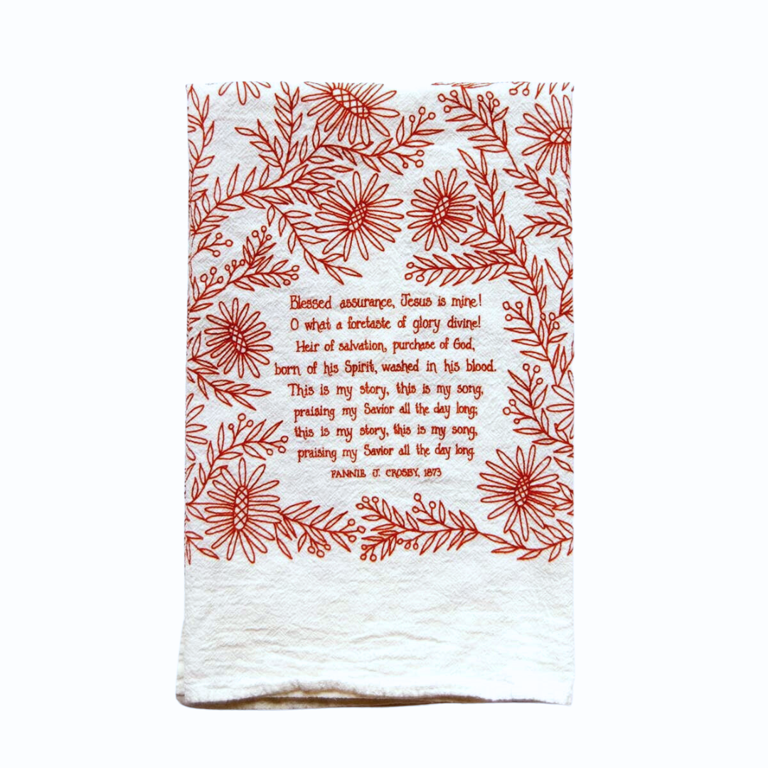 cotton kitchen towel floral design and hymn lyrics.  