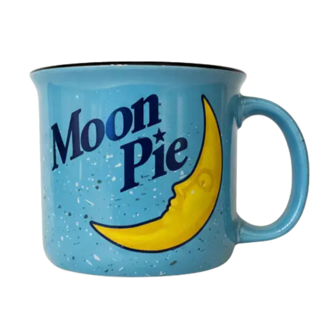 blue ceramic mug with the Moonpie logo. 