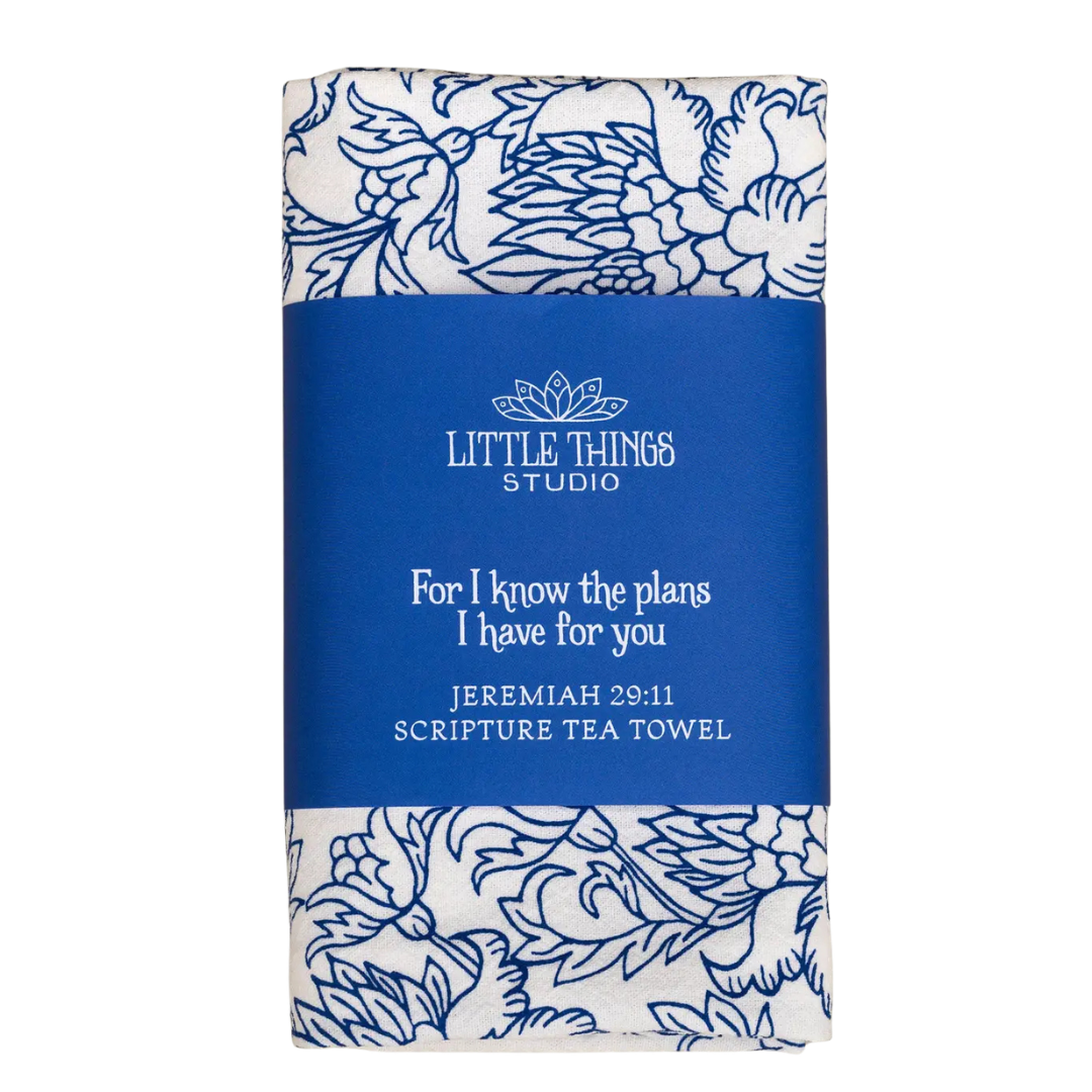 For I Know the Plans Jeremiah 29:11 Scripture Tea Towel in blue floral print. 