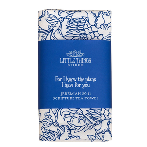 For I Know the Plans Jeremiah 29:11 Scripture Tea Towel in blue floral print. 