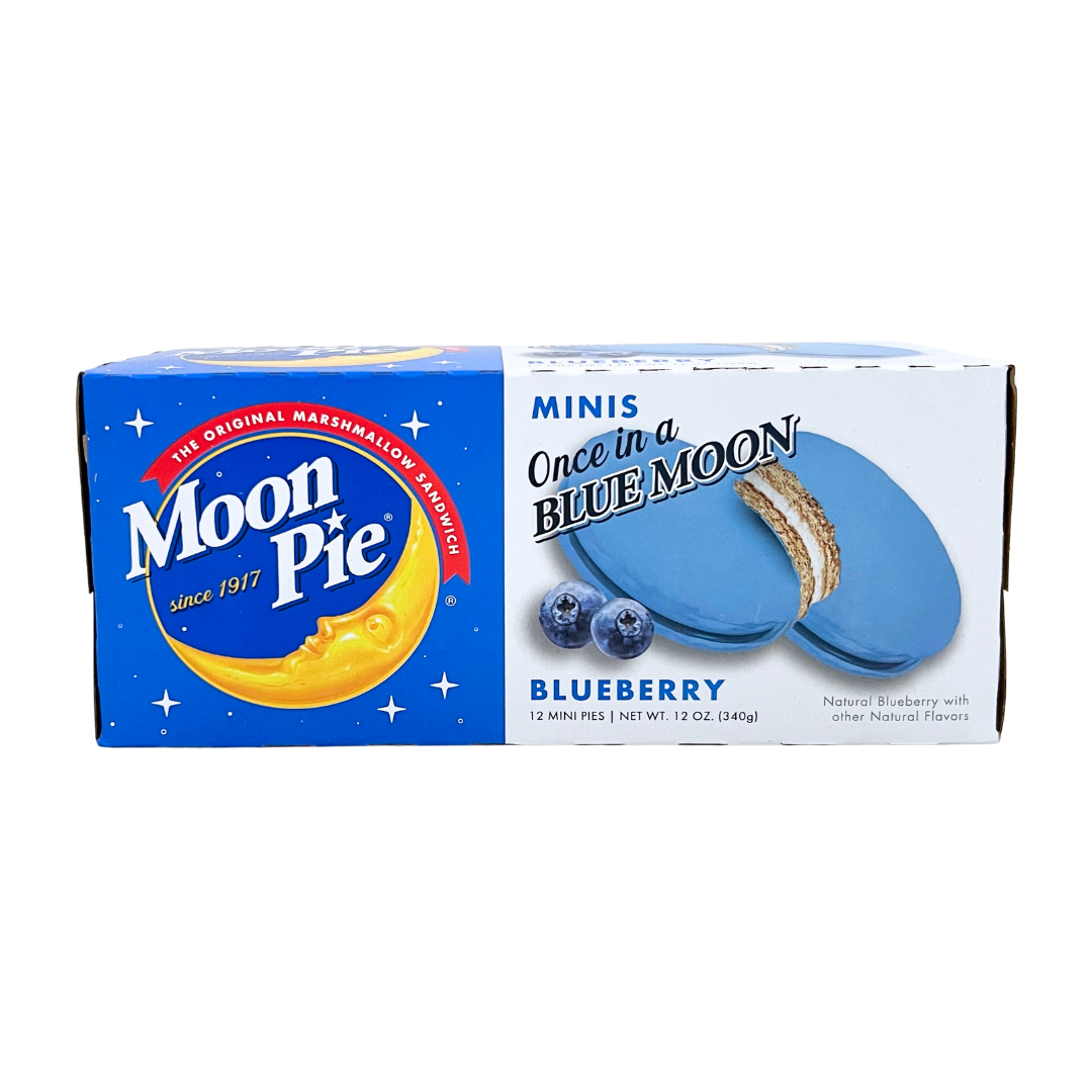 Box of 12 Mini Blueberry flavored Moonpies, blue and white packaging with picture of the cookie.