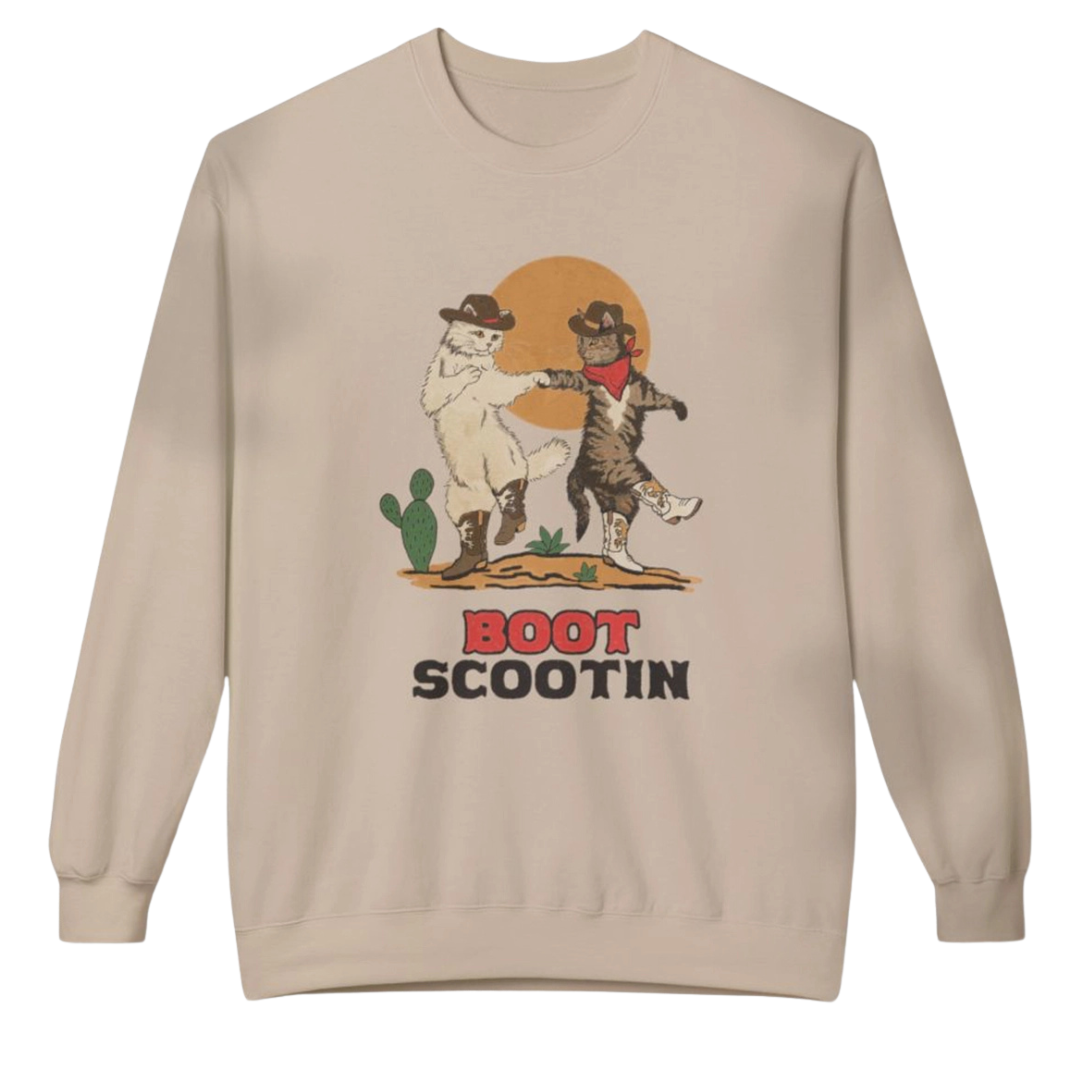 neutral sweatshirt with cats in boots. 