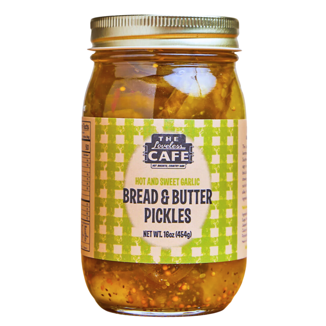 16 oz Hot and Sweet Garlic Bread and Butter Pickle chips in glass jar. 