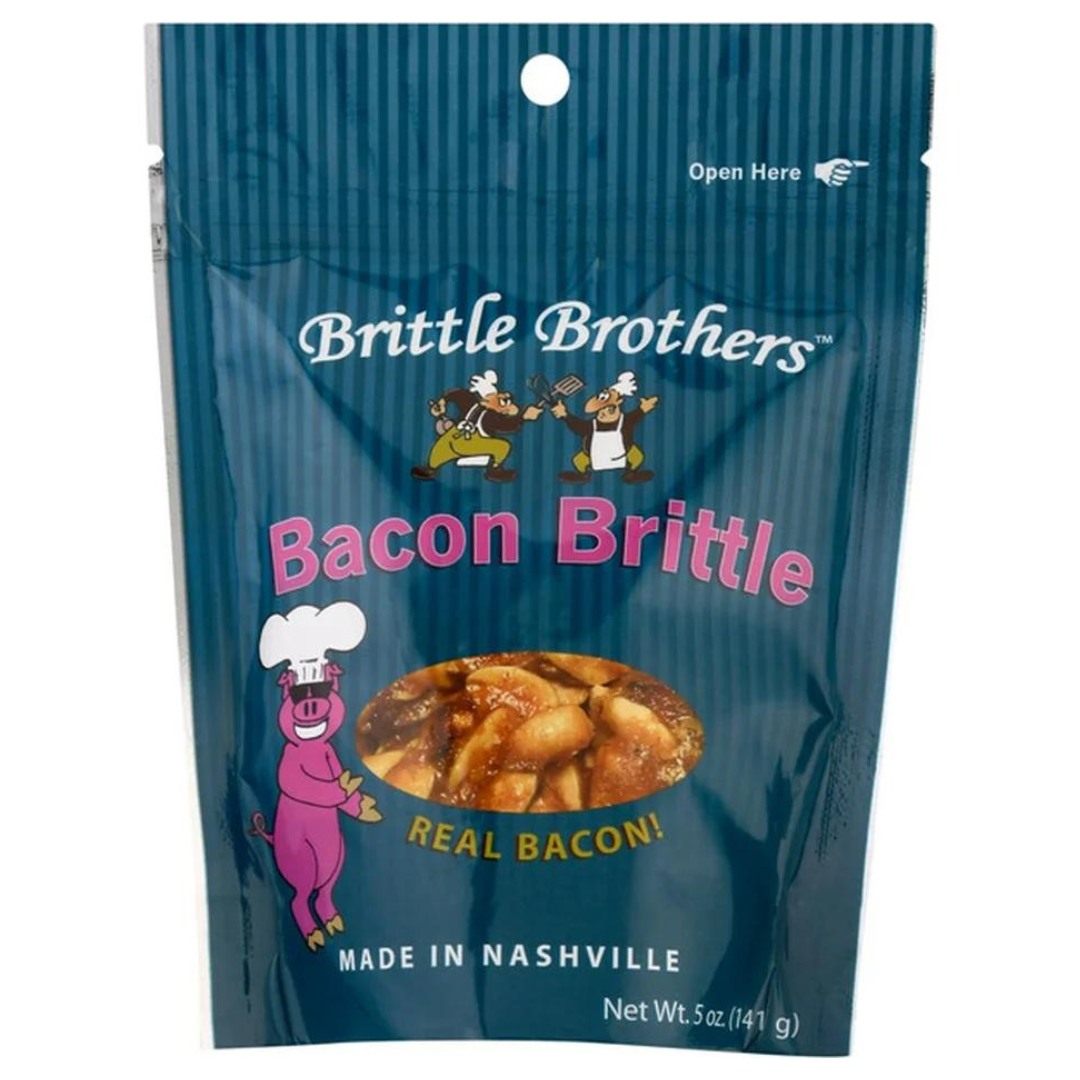 Nashville Bacon and Peanut Brittle in 5 oz blue bag with brand logo and picture of the brittle. 