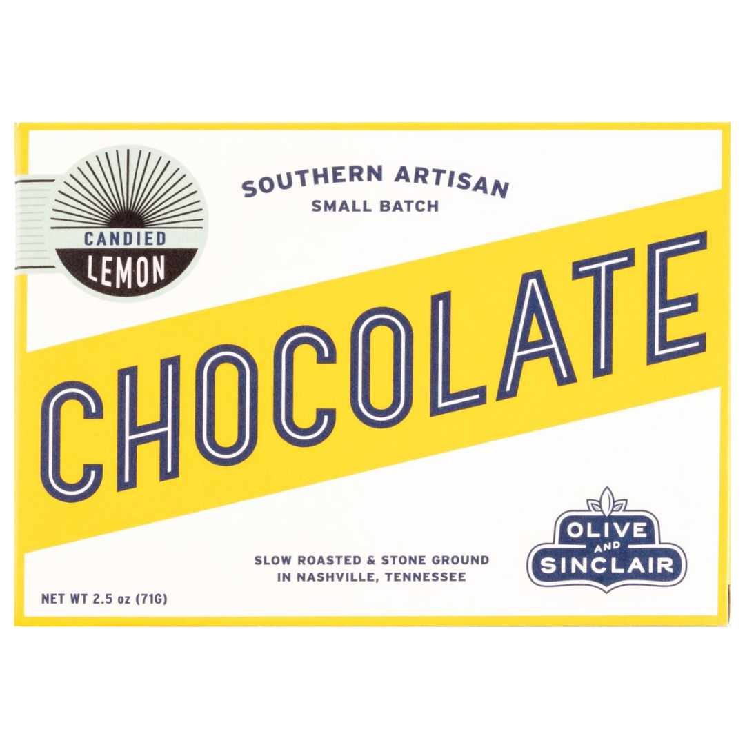 Stone ground dark chocolate bar with candied lemon.  