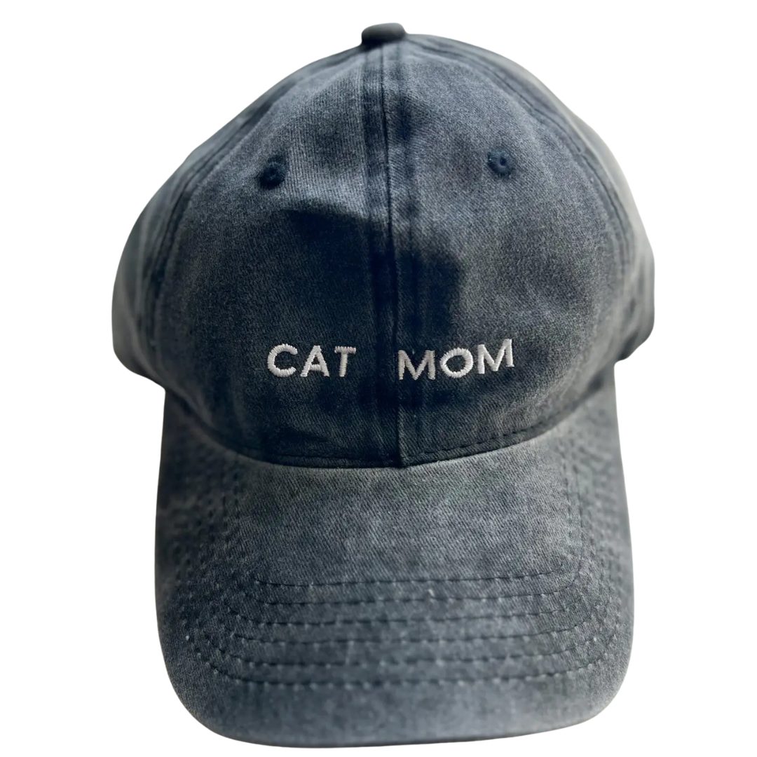 Grey chino hat with "Cat Mom" embroidered in White. 
