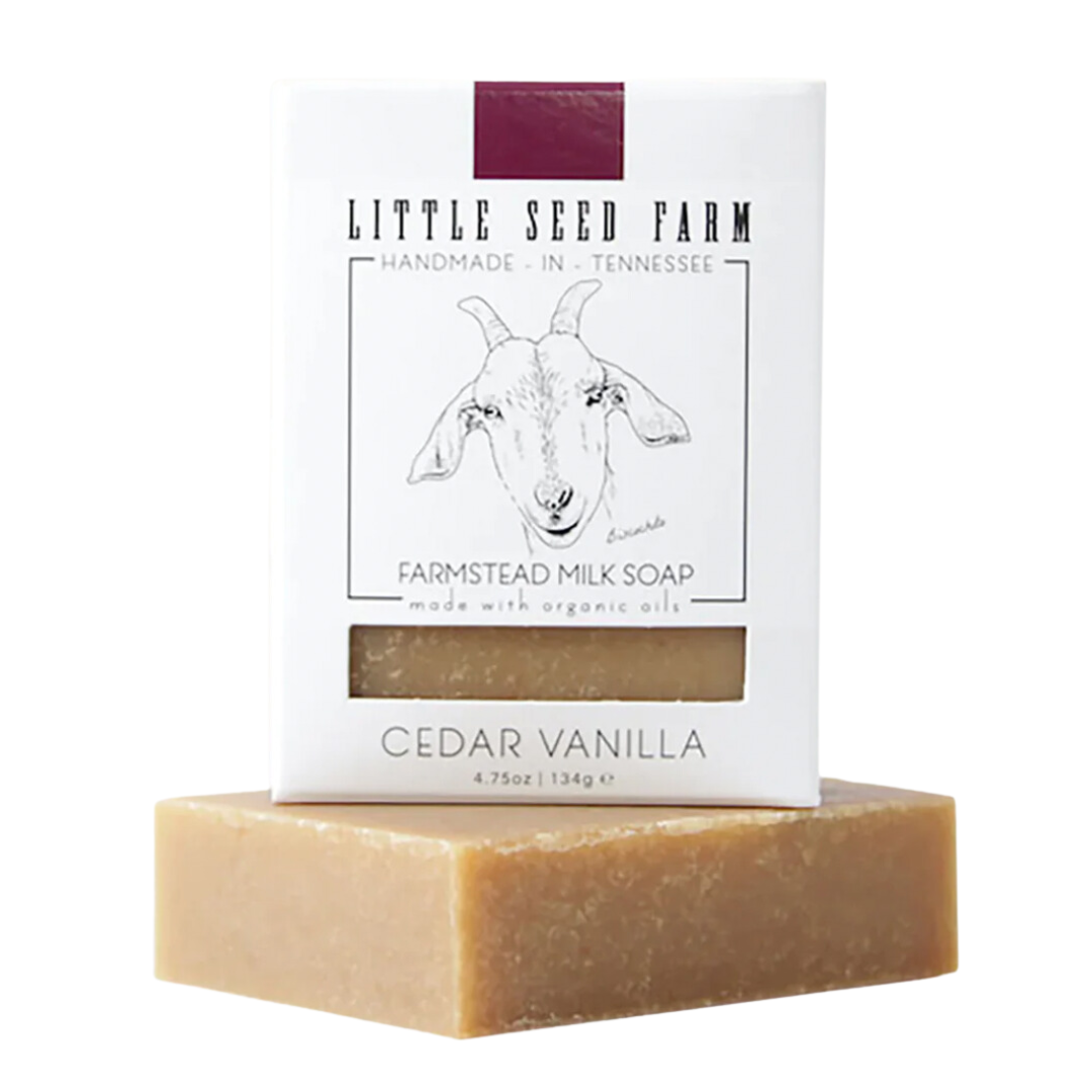 2.4 oz cedar vanilla scented goat's milk soap bar.
