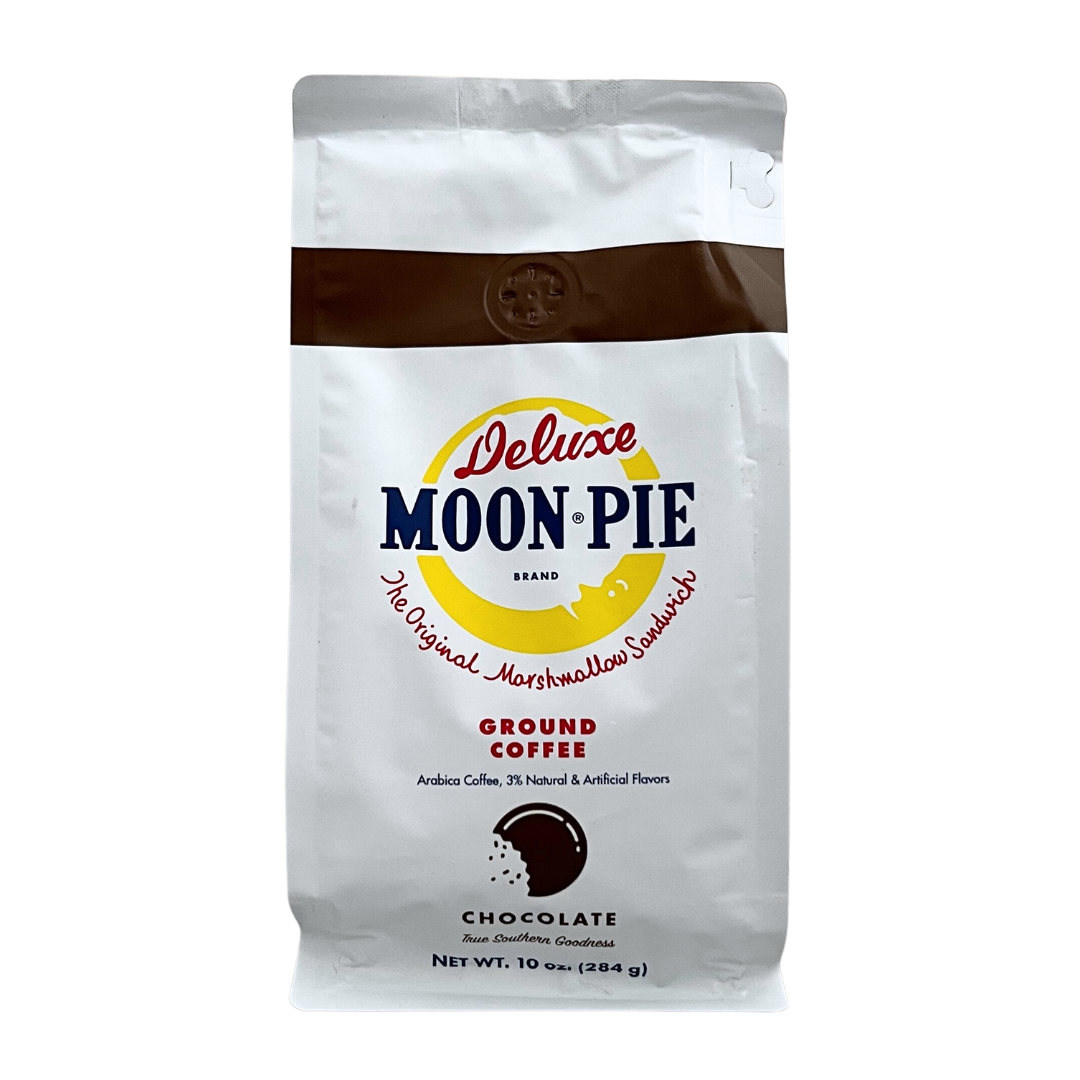 10 oz bag of chocolate flavored ground coffee, in white bag with Moonpie logo.