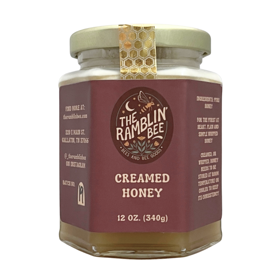 12 oz glass jar of creamed honey. Company logo on label. Gold lid for extra secure sealage.