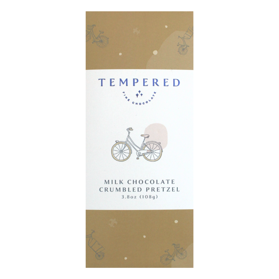 Tempered Chocolate Bar, milk chocolate crumbled pretzel. 3.8 oz. 