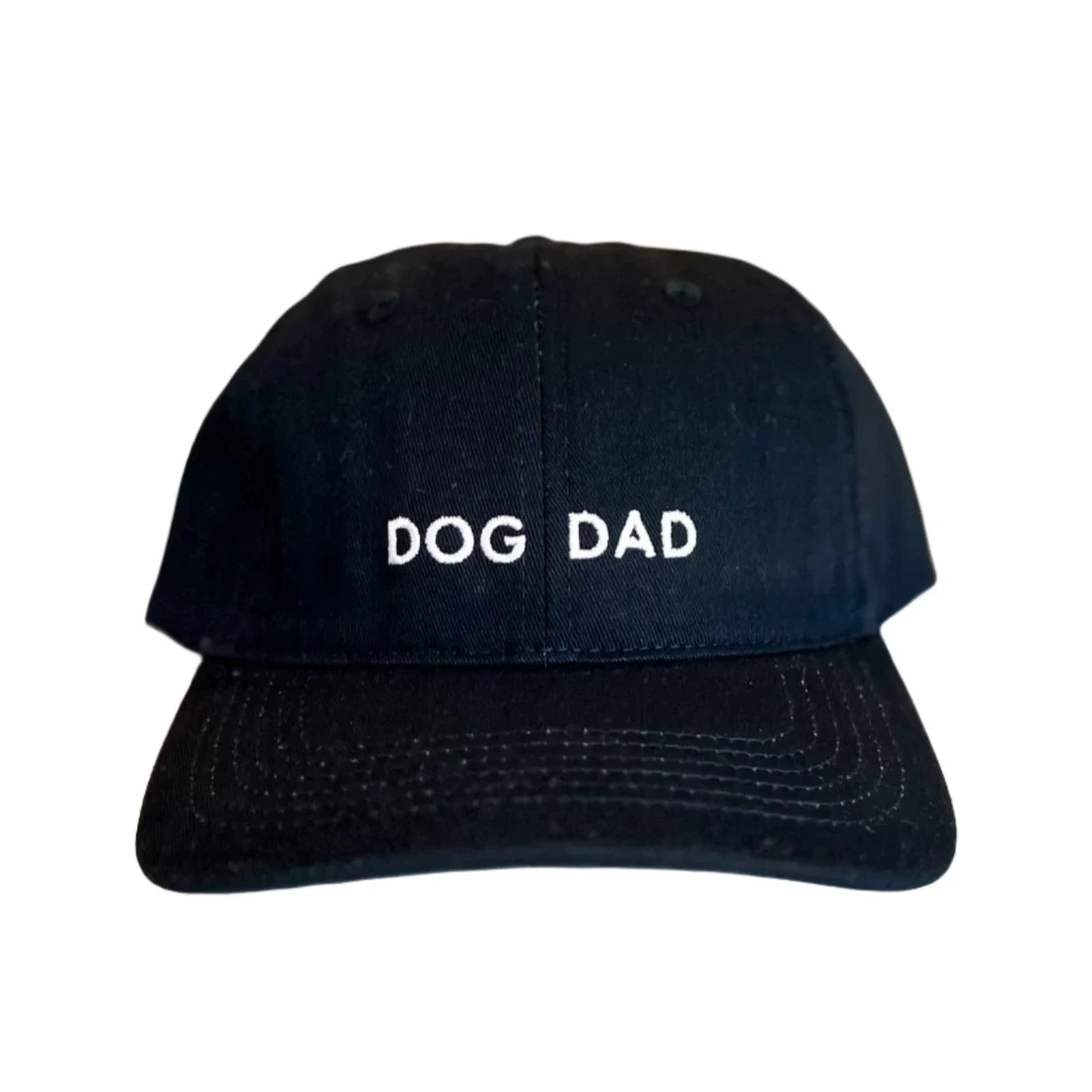 Dog Dad embroidered in white on black ball cap. 