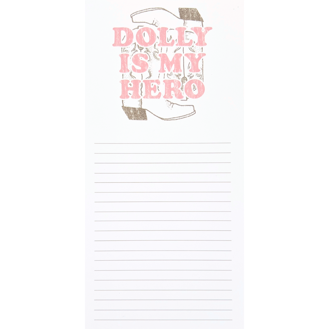 lined notepad that says "Dolly is My Hero".