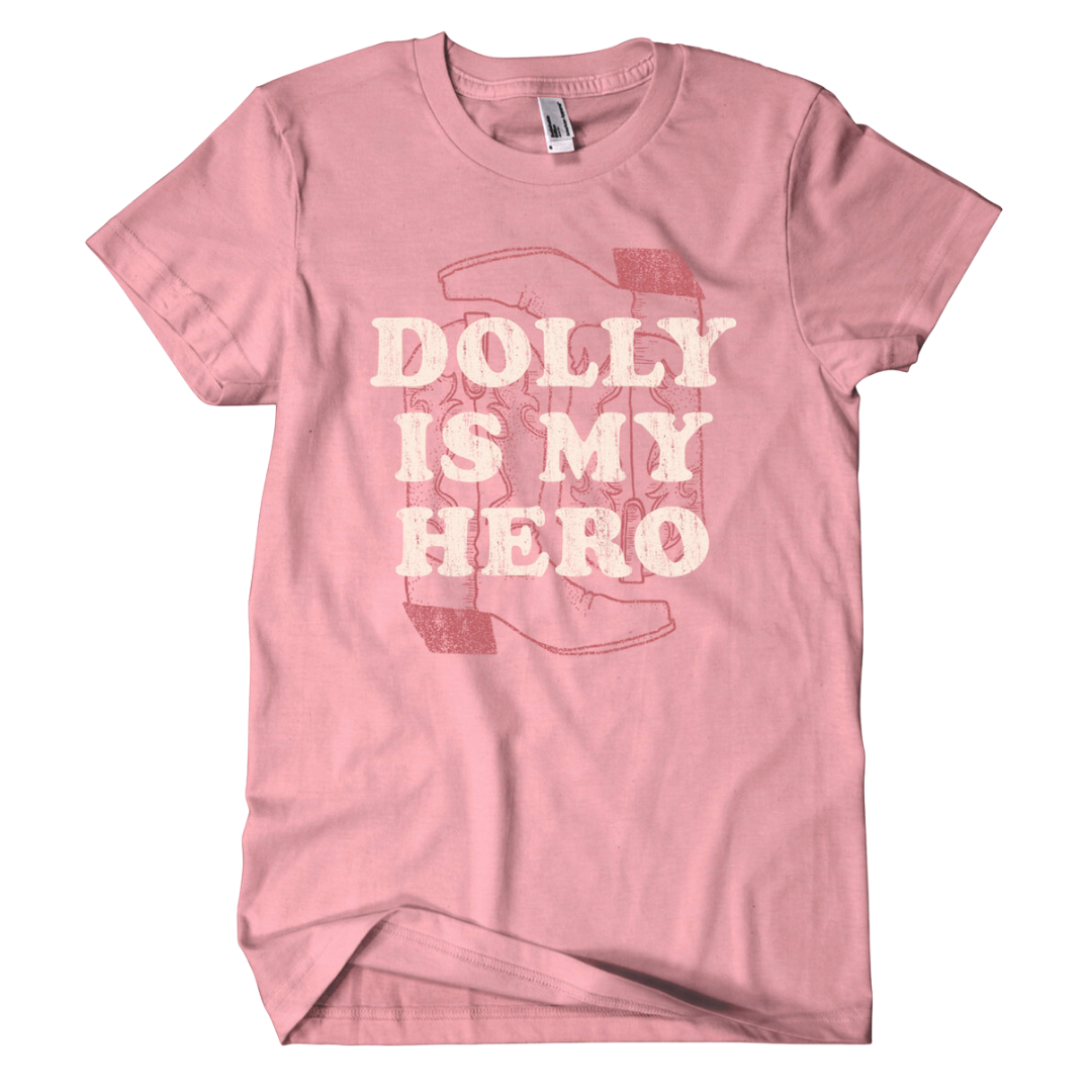 Pink shirt says, "Dolly Is My Hero" in white with dark pink cowgirl boots.  