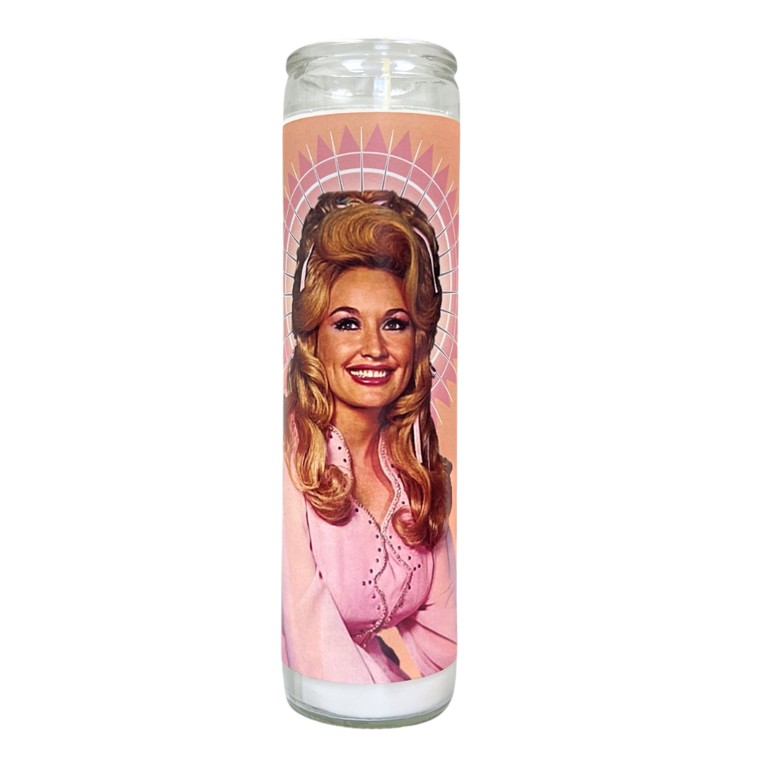 prayer candle style candle with young Dolly Parton.