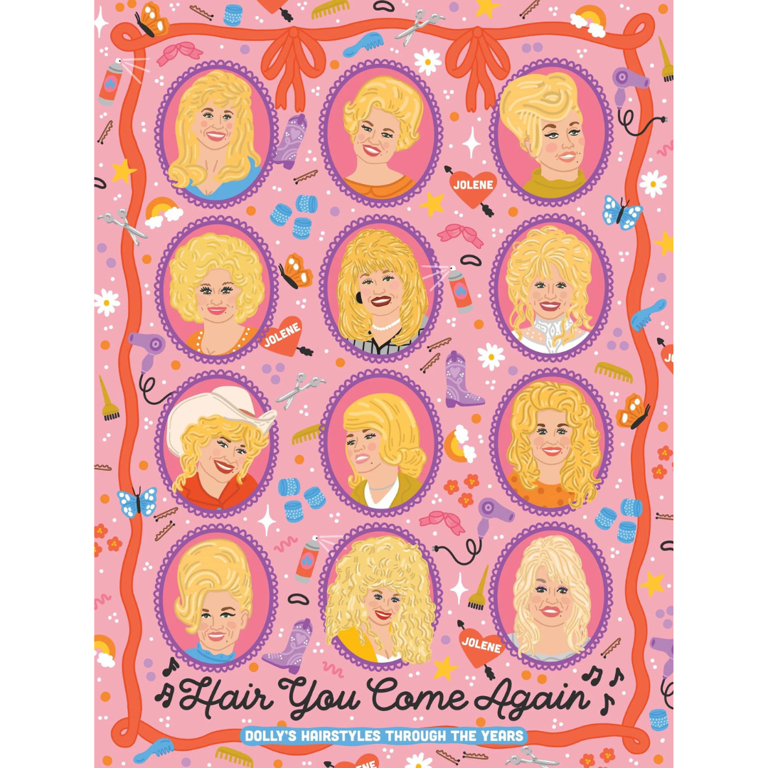 500 piece puzzle illustrations of Dolly Parton's hair styles throughout the ages. 