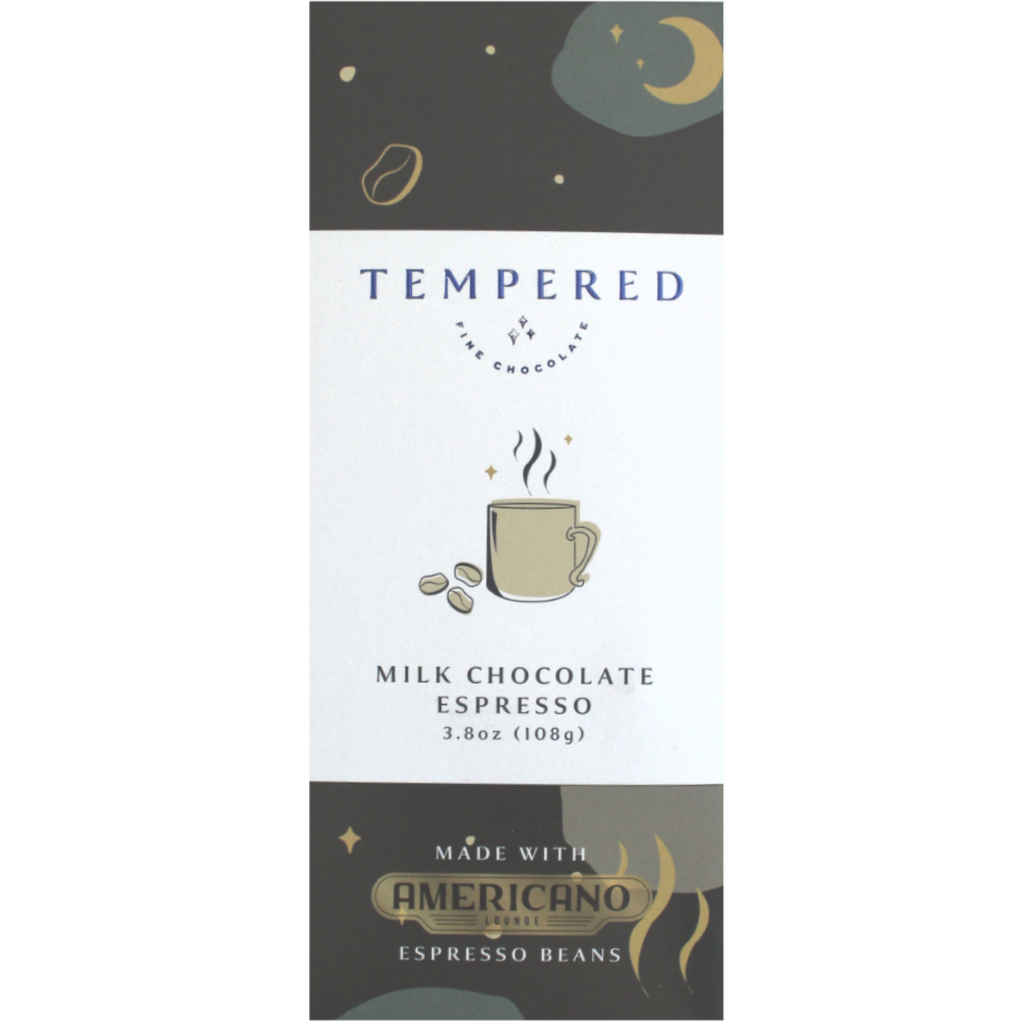 Tempered milk chocolate espresso, 3.8 oz, artwork of a coffee cup with beans.