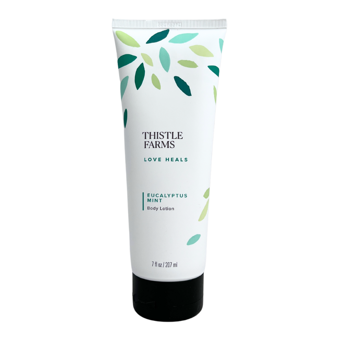 7 fl oz Eucalyptus Mint body lotion in squeeze tube with flip cap. 