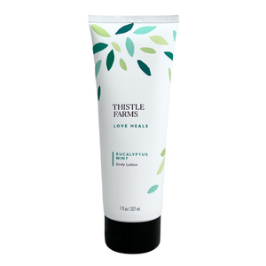 7 fl oz Eucalyptus Mint body lotion in squeeze tube with flip cap. 