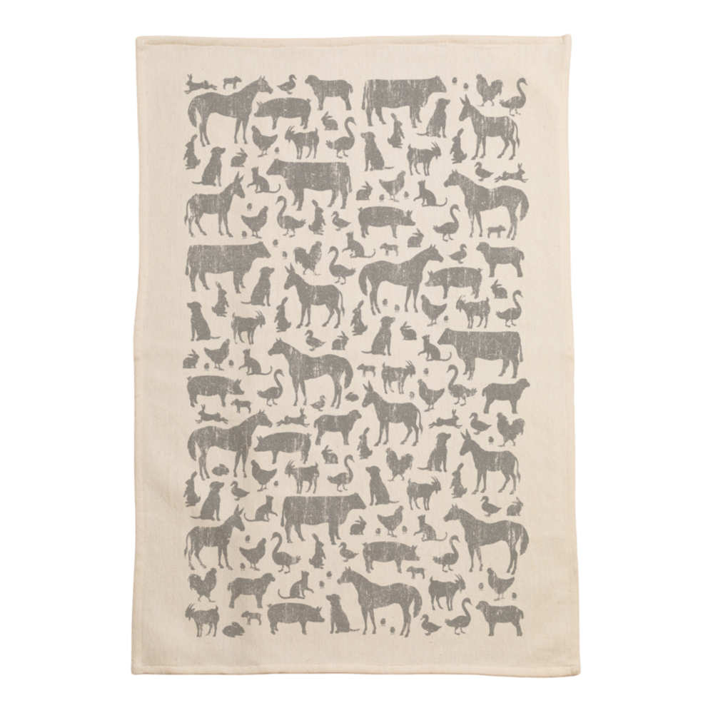 farm animals screen printed on cotton kitchen towel in grey.