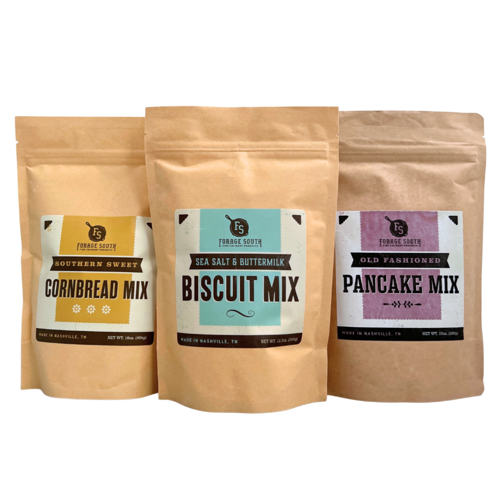 bundle includes Cornbread, biscuit and pancake mix in individual kraft bags. 