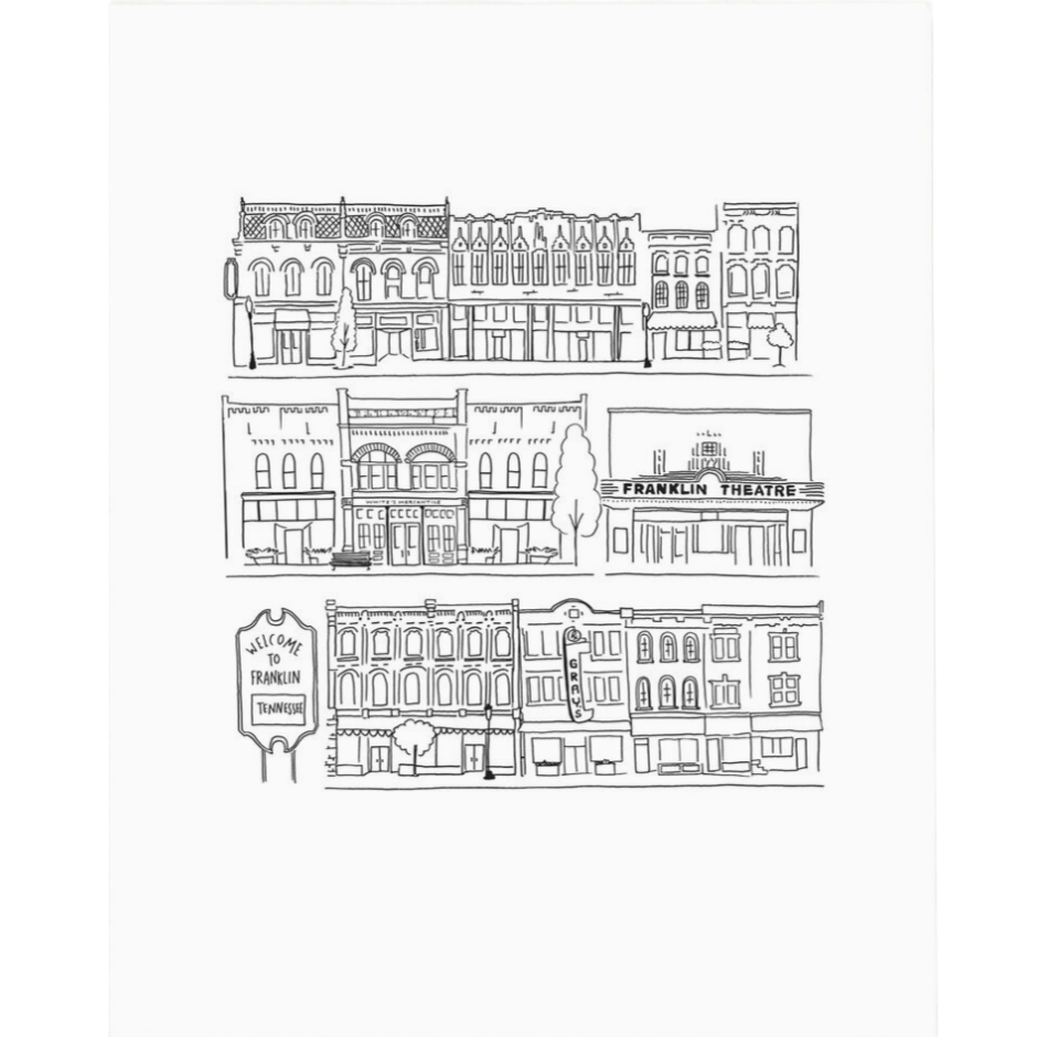 Charm up your home with this 8x10 art print of downtown Franklin, Tennessee. High Fancy Paper design. A Tennessee based company.