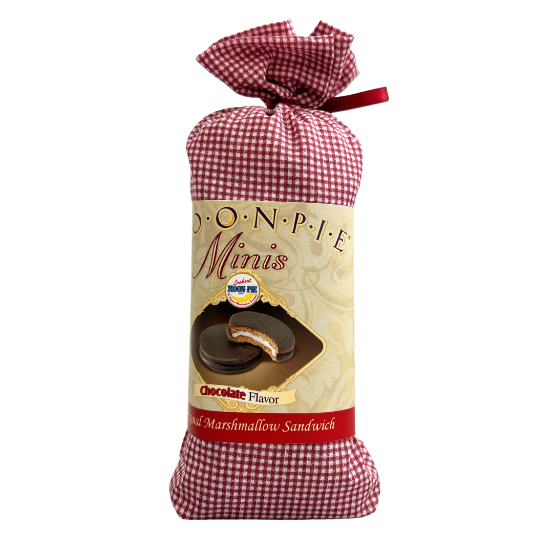 Red and white gingham bag of 8 mini chocolate moonies.