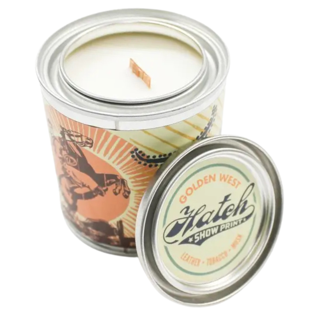 candle scented as Leather, Tobacco and Musk in 8 oz mini paint tin.