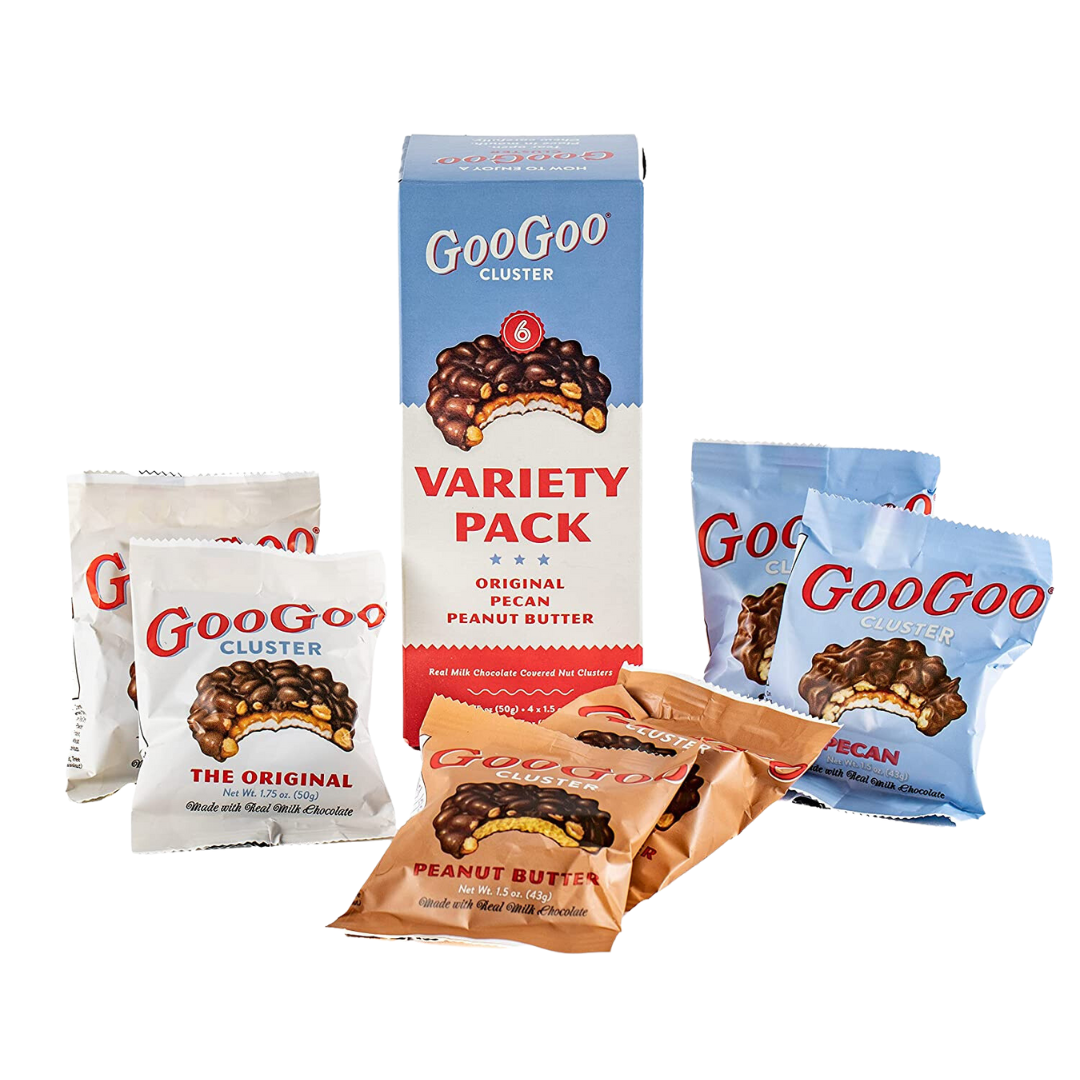 2 original, 2 peanut butter, 2 pecan googoos in one box. box packaging is red, white, and blue. 