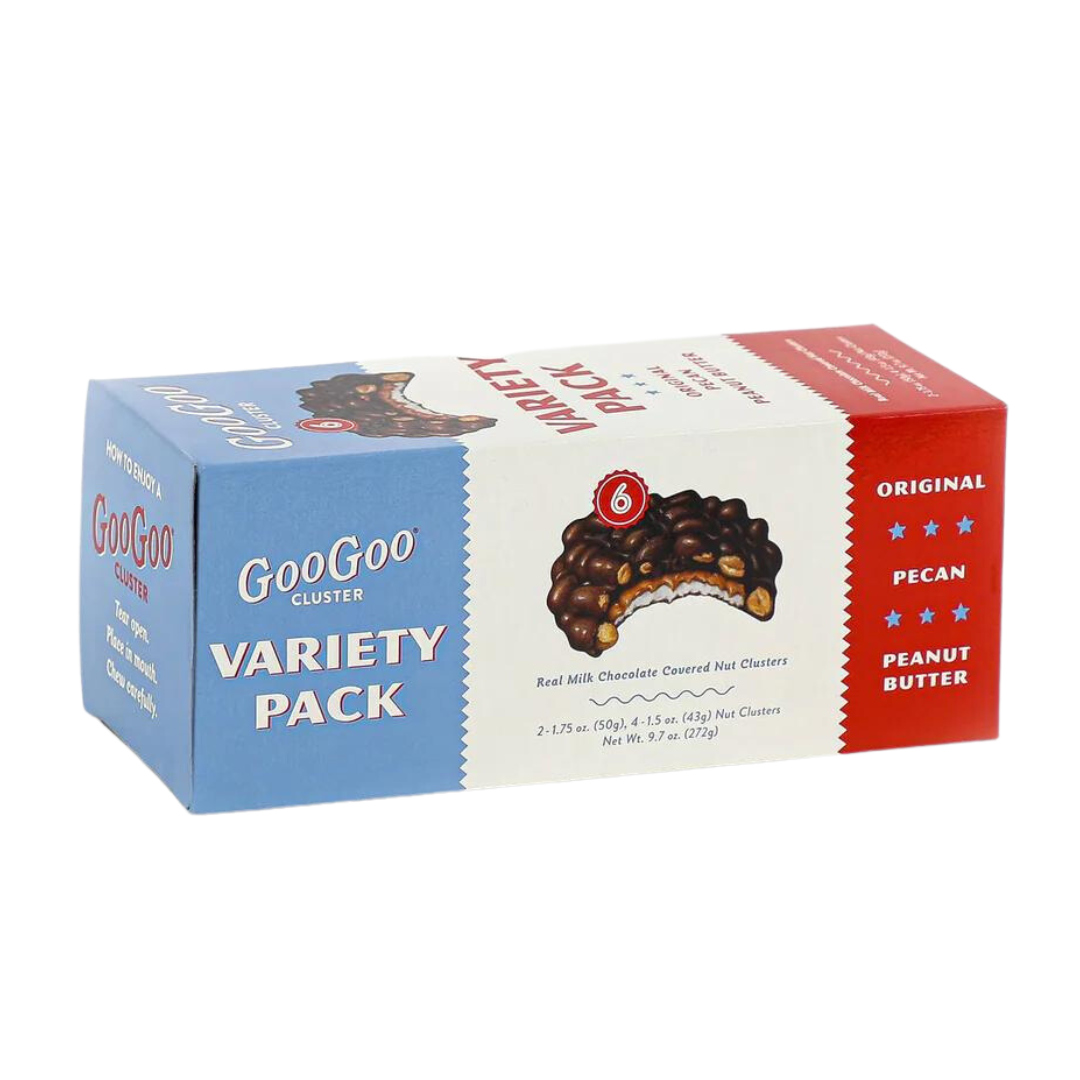 2 original, 2 peanut butter, 2 pecan GooGoo Cluster candy bars.